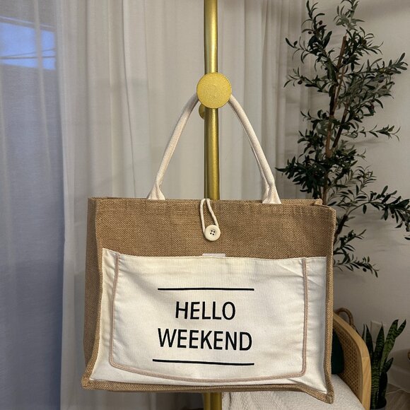 Hello Weekend Beach Bag- Natural/White Regular Price - Picture 1 of 2